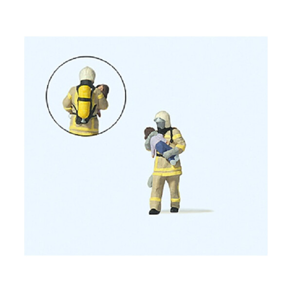 Preiser 28252 Feuerwehrmann, Kind rettend. Beige Uniform, H0